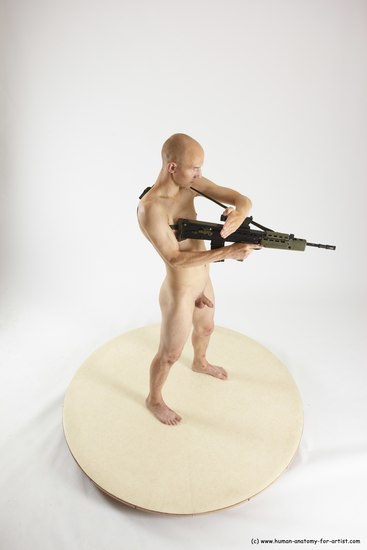 Nude Fighting with submachine gun Man White Standing poses - ALL Slim Bald Standing poses - simple Multi angles poses Realistic