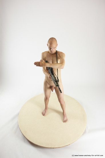 Nude Fighting with submachine gun Man White Standing poses - ALL Slim Bald Standing poses - simple Multi angles poses Realistic