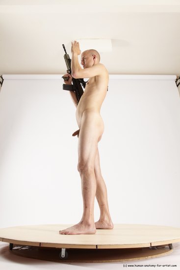 Nude Fighting with submachine gun Man White Standing poses - ALL Slim Bald Standing poses - simple Multi angles poses Realistic