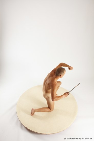 Nude Fighting with knife Man White Kneeling poses - ALL Slim Short Brown Kneeling poses - on one knee Multi angles poses Realistic