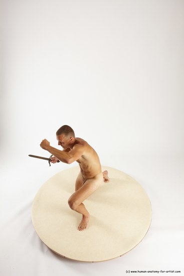 Nude Fighting with knife Man White Kneeling poses - ALL Slim Short Brown Kneeling poses - on one knee Multi angles poses Realistic