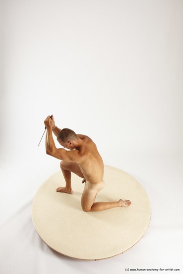 Nude Fighting with knife Man White Kneeling poses - ALL Slim Short Brown Kneeling poses - on one knee Multi angles poses Realistic