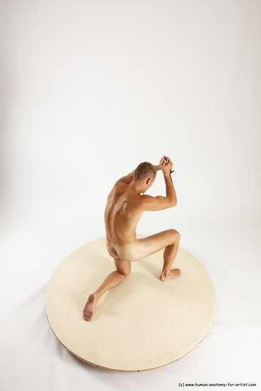 Nude Fighting with knife Man White Kneeling poses - ALL Slim Short Brown Kneeling poses - on one knee Multi angles poses Realistic