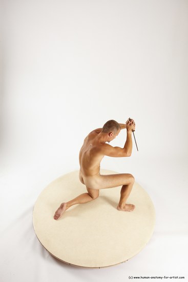 Nude Fighting with knife Man White Kneeling poses - ALL Slim Short Brown Kneeling poses - on one knee Multi angles poses Realistic