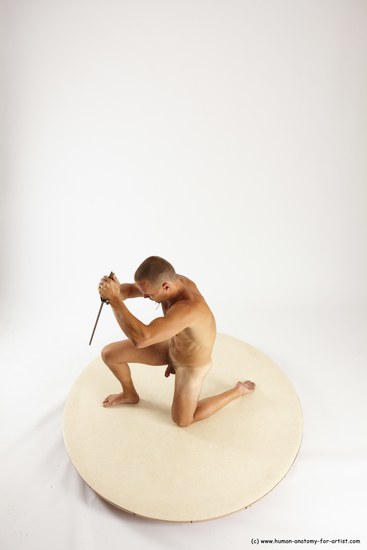 Nude Fighting with knife Man White Kneeling poses - ALL Slim Short Brown Kneeling poses - on one knee Multi angles poses Realistic