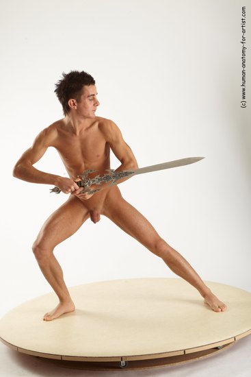 Nude Fighting with sword Man White Standing poses - ALL Athletic Short Brown Standing poses - simple Realistic