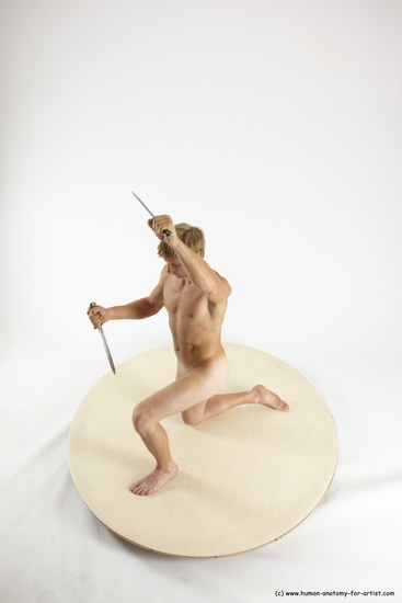 Nude Fighting with knife Man White Kneeling poses - ALL Athletic Short Brown Kneeling poses - on one knee Multi angles poses Realistic