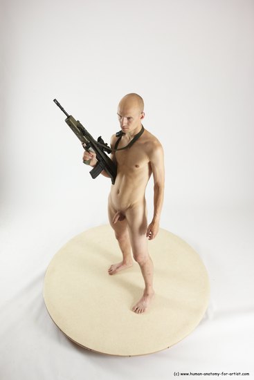 Nude Fighting with submachine gun Man White Standing poses - ALL Slim Bald Standing poses - simple Multi angles poses Realistic