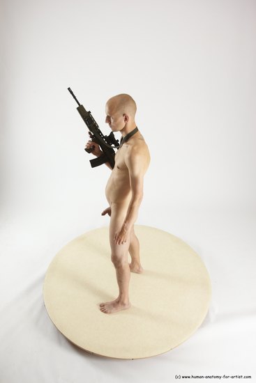 Nude Fighting with submachine gun Man White Standing poses - ALL Slim Bald Standing poses - simple Multi angles poses Realistic