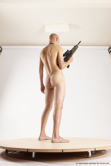 Nude Fighting with submachine gun Man White Standing poses - ALL Slim Bald Standing poses - simple Multi angles poses Realistic