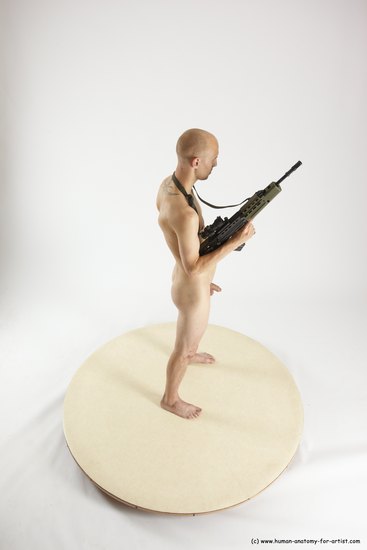 Nude Fighting with submachine gun Man White Standing poses - ALL Slim Bald Standing poses - simple Multi angles poses Realistic