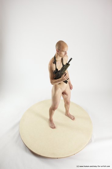 Nude Fighting with submachine gun Man White Standing poses - ALL Slim Bald Standing poses - simple Multi angles poses Realistic