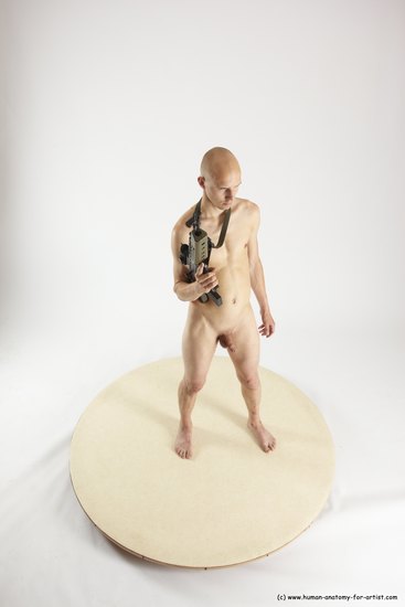 Nude Fighting with submachine gun Man White Standing poses - ALL Slim Bald Standing poses - simple Multi angles poses Realistic