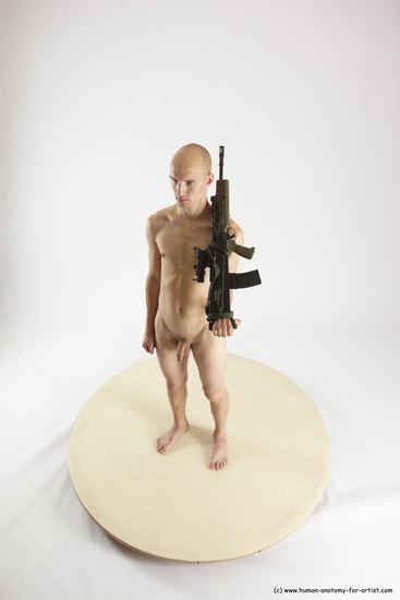 Nude Fighting with submachine gun Man White Standing poses - ALL Slim Bald Standing poses - simple Multi angles poses Realistic