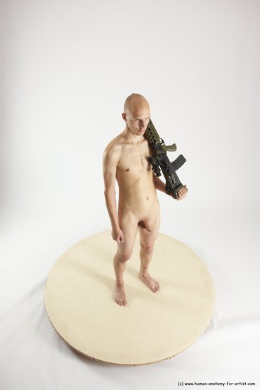 Nude Fighting with submachine gun Man White Standing poses - ALL Slim Bald Standing poses - simple Multi angles poses Realistic