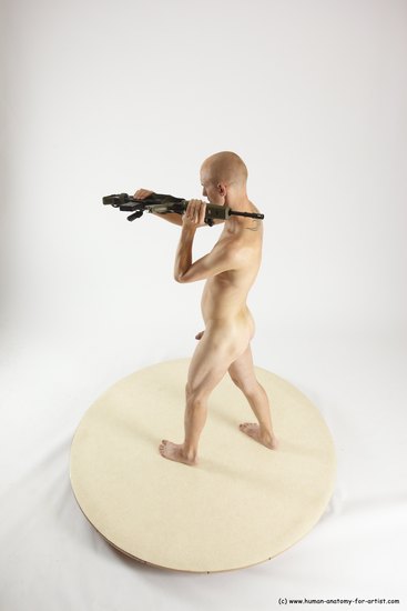 Nude Fighting with submachine gun Man White Standing poses - ALL Slim Bald Standing poses - simple Multi angles poses Realistic