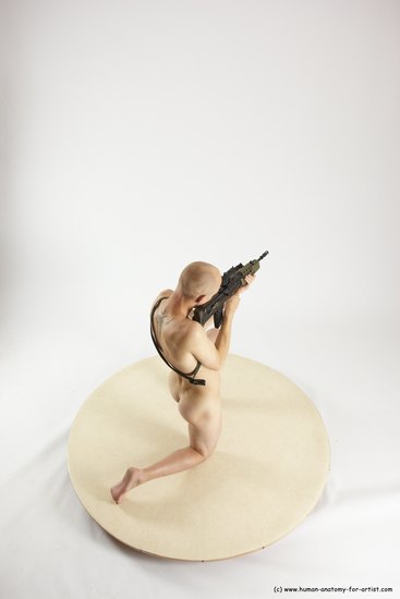 Nude Fighting with submachine gun Man White Kneeling poses - ALL Slim Bald Kneeling poses - on one knee Multi angles poses Realistic