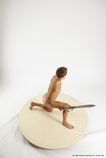 Nude Fighting with sword Man White Kneeling poses - ALL Athletic Short Brown Kneeling poses - on one knee Multi angles poses Realistic