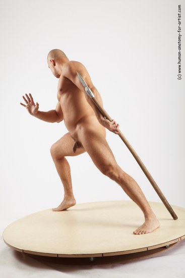 Nude Fighting with spear Man White Standing poses - ALL Slim Bald Standing poses - simple Realistic