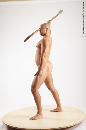 Nude Fighting with spear Man White Standing poses - ALL Slim Bald Standing poses - simple Realistic