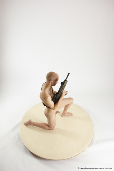 Nude Fighting with submachine gun Man White Kneeling poses - ALL Slim Bald Kneeling poses - on one knee Multi angles poses Realistic