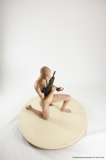 Nude Fighting with submachine gun Man White Kneeling poses - ALL Slim Bald Kneeling poses - on one knee Multi angles poses Realistic