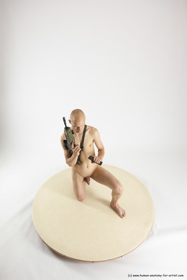 Nude Fighting with submachine gun Man White Kneeling poses - ALL Slim Bald Kneeling poses - on one knee Multi angles poses Realistic