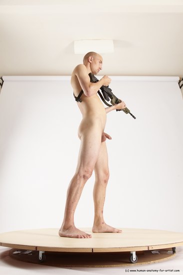 Nude Fighting with submachine gun Man White Standing poses - ALL Slim Bald Standing poses - simple Multi angles poses Realistic