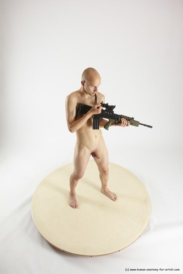 Nude Fighting with submachine gun Man White Standing poses - ALL Slim Bald Standing poses - simple Multi angles poses Realistic