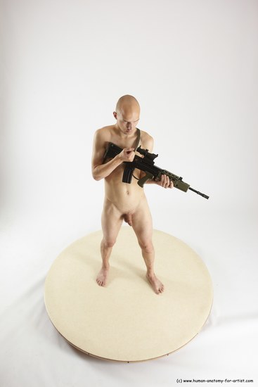 Nude Fighting with submachine gun Man White Standing poses - ALL Slim Bald Standing poses - simple Multi angles poses Realistic