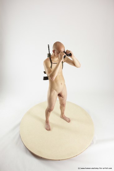 Nude Fighting with submachine gun Man White Standing poses - ALL Slim Bald Standing poses - simple Multi angles poses Realistic