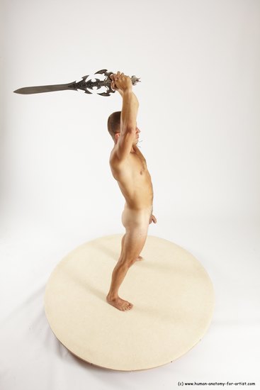 Nude Fighting with sword Man White Standing poses - ALL Slim Short Brown Standing poses - simple Multi angles poses Realistic