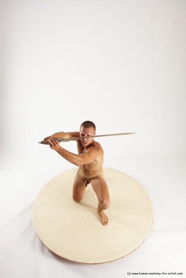 Nude Fighting with sword Man White Standing poses - ALL Slim Short Brown Standing poses - simple Multi angles poses Realistic