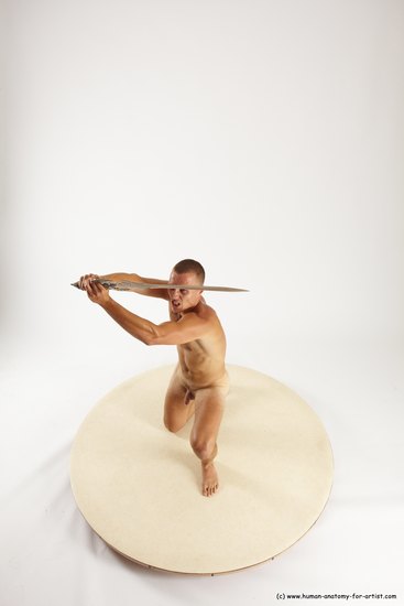 Nude Fighting with sword Man White Standing poses - ALL Slim Short Brown Standing poses - simple Multi angles poses Realistic