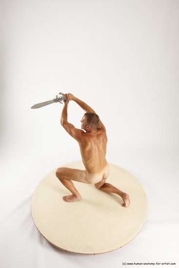 Nude Fighting with sword Man White Standing poses - ALL Slim Short Brown Standing poses - simple Multi angles poses Realistic