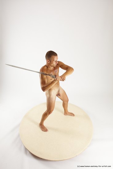 Nude Fighting with sword Man White Standing poses - ALL Slim Short Brown Standing poses - simple Multi angles poses Realistic