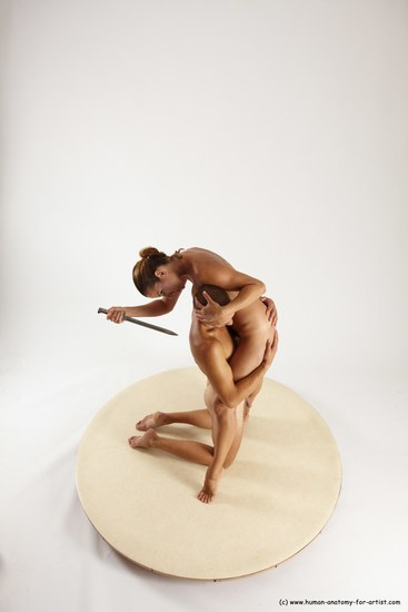 Nude Fighting with knife Woman - Man White Kneeling poses - ALL Slim Long Brown Kneeling poses - on both knees Multi angles poses Realistic