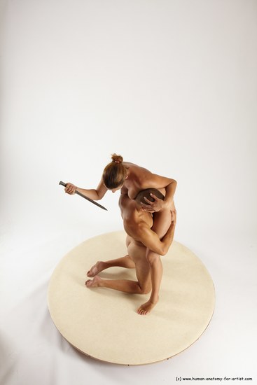 Nude Fighting with knife Woman - Man White Kneeling poses - ALL Slim Long Brown Kneeling poses - on both knees Multi angles poses Realistic