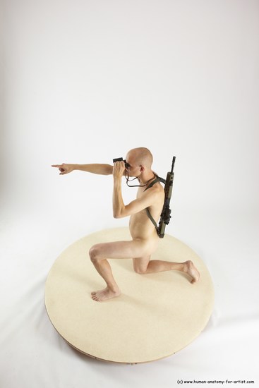 Nude Fighting with submachine gun Man White Kneeling poses - ALL Slim Bald Kneeling poses - on one knee Multi angles poses Realistic