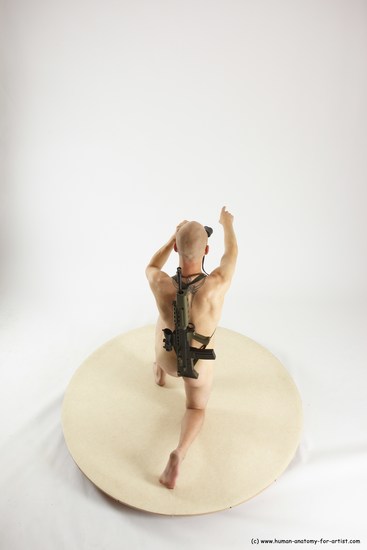 Nude Fighting with submachine gun Man White Kneeling poses - ALL Slim Bald Kneeling poses - on one knee Multi angles poses Realistic