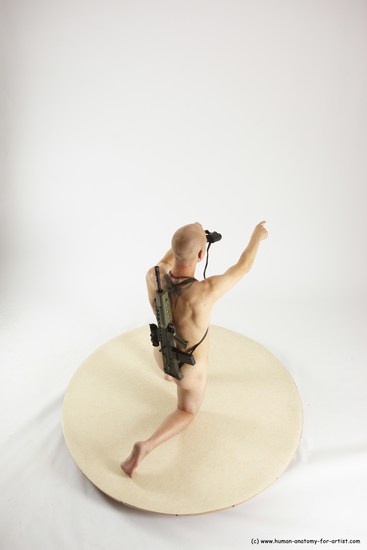 Nude Fighting with submachine gun Man White Kneeling poses - ALL Slim Bald Kneeling poses - on one knee Multi angles poses Realistic