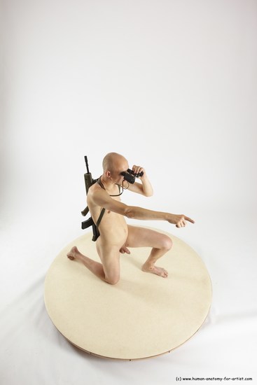 Nude Fighting with submachine gun Man White Kneeling poses - ALL Slim Bald Kneeling poses - on one knee Multi angles poses Realistic