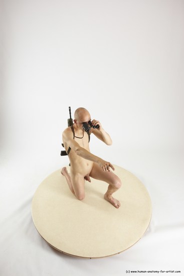 Nude Fighting with submachine gun Man White Kneeling poses - ALL Slim Bald Kneeling poses - on one knee Multi angles poses Realistic