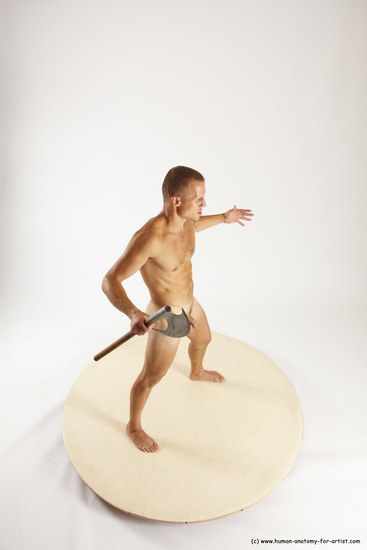 Nude Fighting with sword Man White Standing poses - ALL Slim Short Brown Standing poses - simple Multi angles poses Realistic