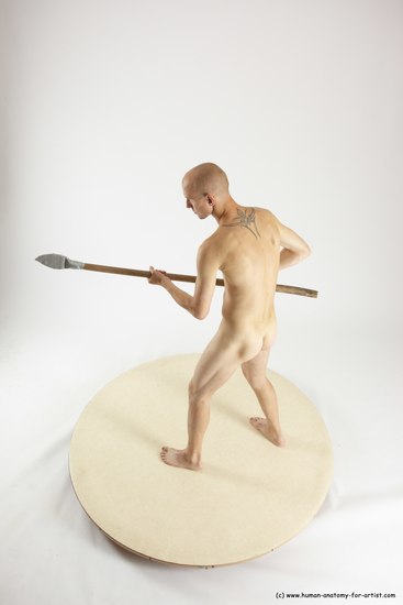 Nude Fighting with spear Man White Standing poses - ALL Slim Bald Standing poses - simple Multi angles poses Realistic