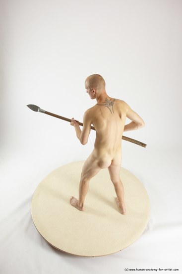 Nude Fighting with spear Man White Standing poses - ALL Slim Bald Standing poses - simple Multi angles poses Realistic