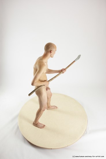 Nude Fighting with spear Man White Standing poses - ALL Slim Bald Standing poses - simple Multi angles poses Realistic