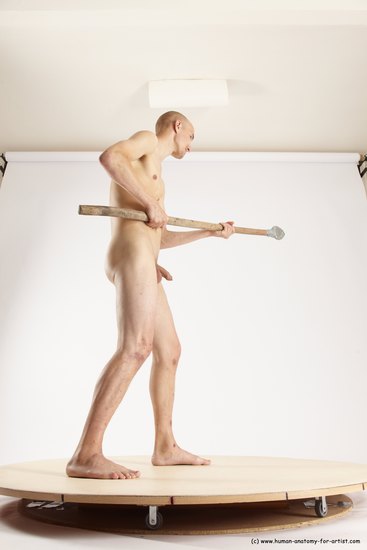 Nude Fighting with spear Man White Standing poses - ALL Slim Bald Standing poses - simple Multi angles poses Realistic