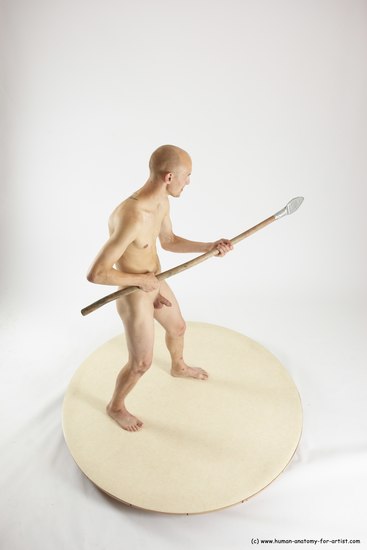 Nude Fighting with spear Man White Standing poses - ALL Slim Bald Standing poses - simple Multi angles poses Realistic