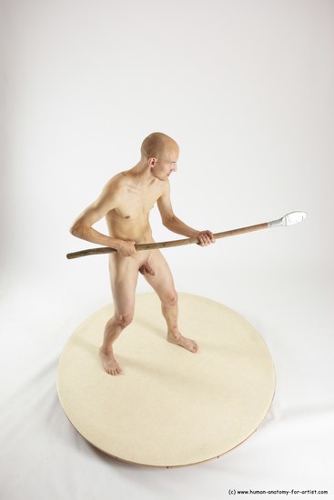 Nude Fighting with spear Man White Standing poses - ALL Slim Bald Standing poses - simple Multi angles poses Realistic